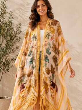 WOVEN HEART 2X Tan Floral Boho Kimono Duster Crochet Lace Orange Fringe Detail